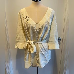 Rory Beca Buttercream Silk V Neck Blouse w Rhinestone Embellishment Size L